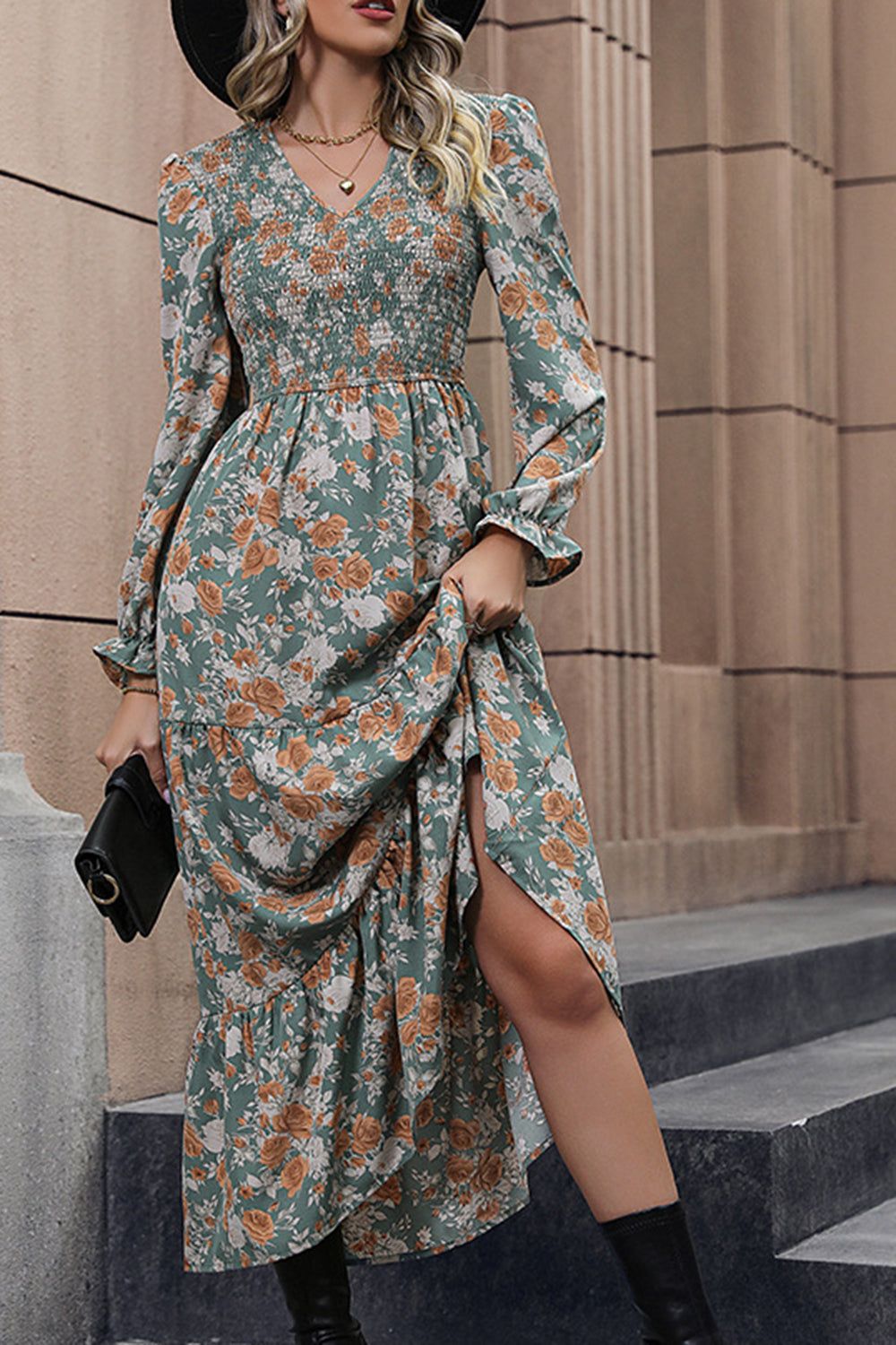 V-neck Green Printed Long Sleeves Casual Dress with Pleated sold by Zapaka product image thumbnail 3
