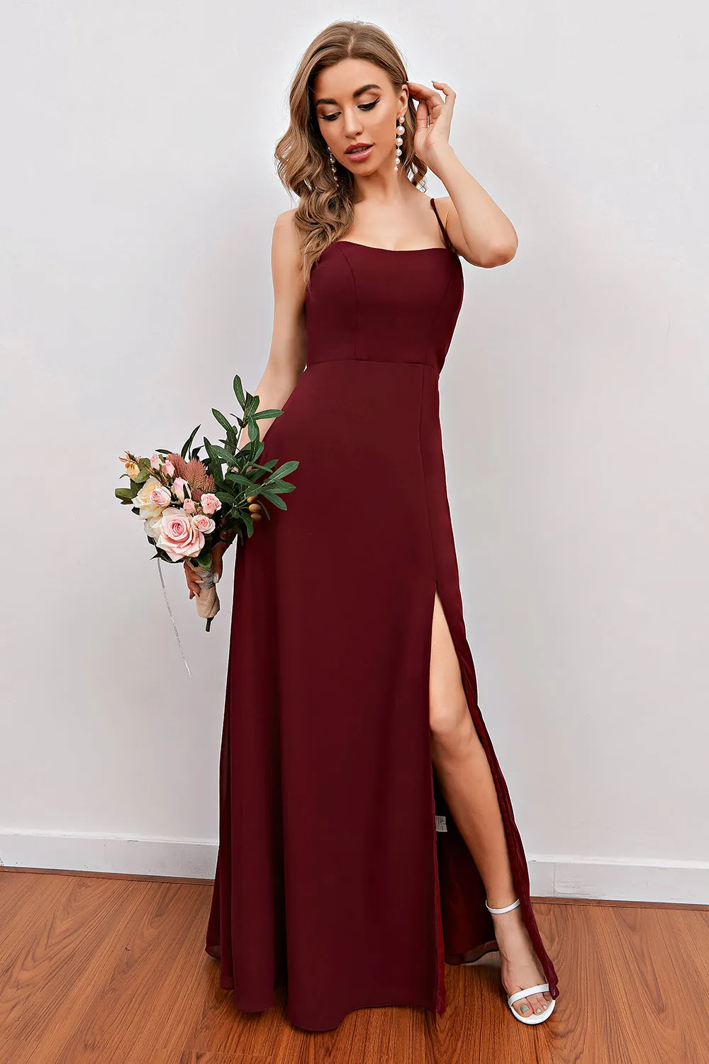 Burgundy Spaghetti Straps Long Bridesmaid Dress with Split sold by Zapaka product image thumbnail 3