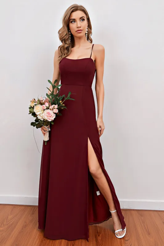 Burgundy Spaghetti Straps Long Bridesmaid Dress with Split sold by Zapaka
