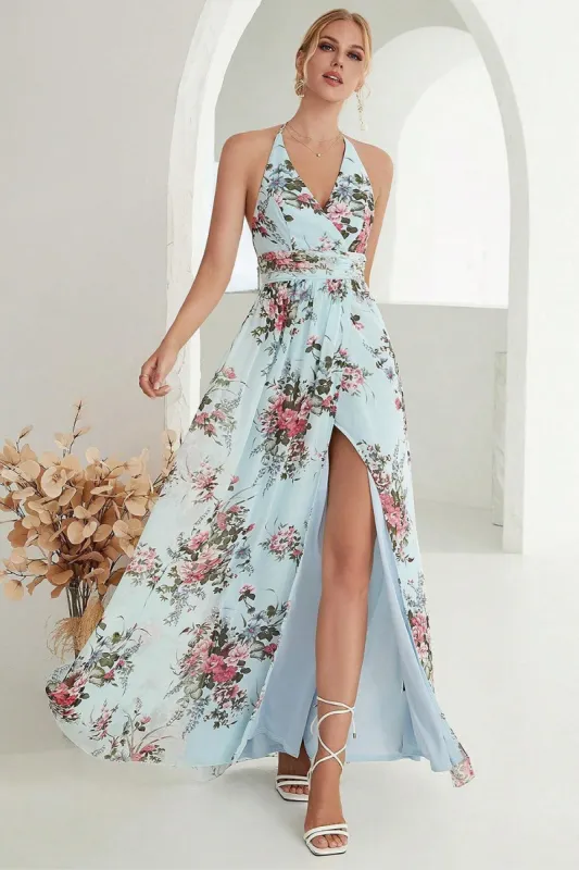 Printed Halter Light Blue Wedding Party Dress with Slit sold by Zapaka