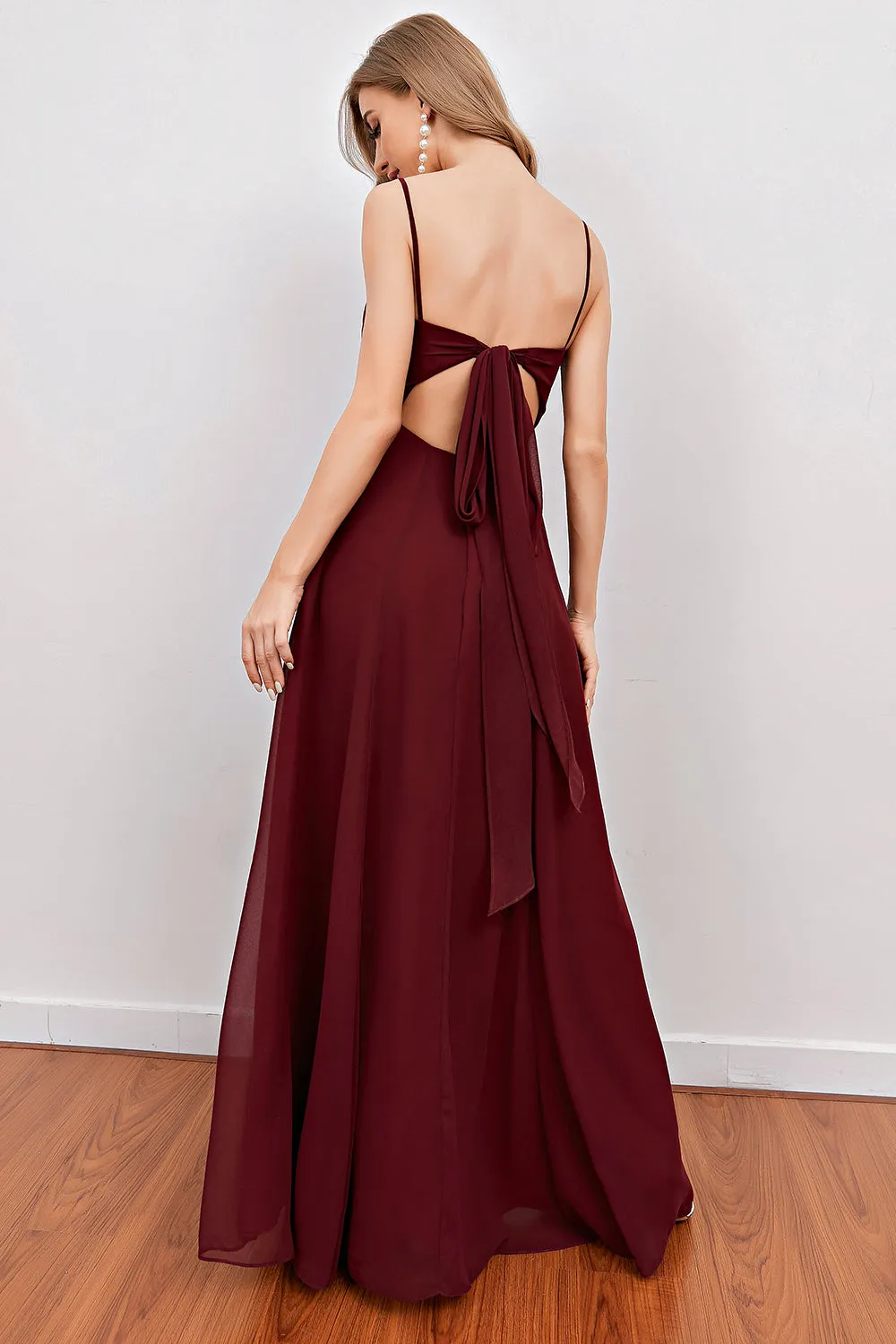 Burgundy Spaghetti Straps Long Bridesmaid Dress with Split sold by Zapaka product image thumbnail 2