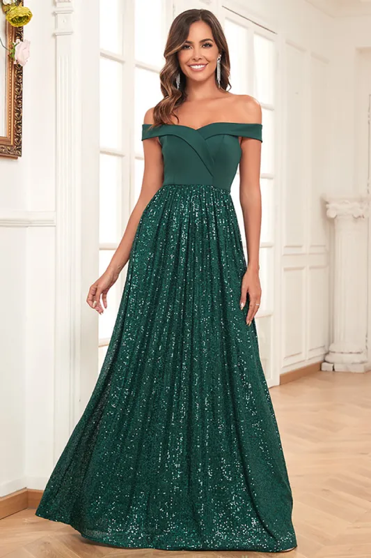 Dark Green A-Line Off The Shoulder Sequins Long Prom Dress sold by Zapaka