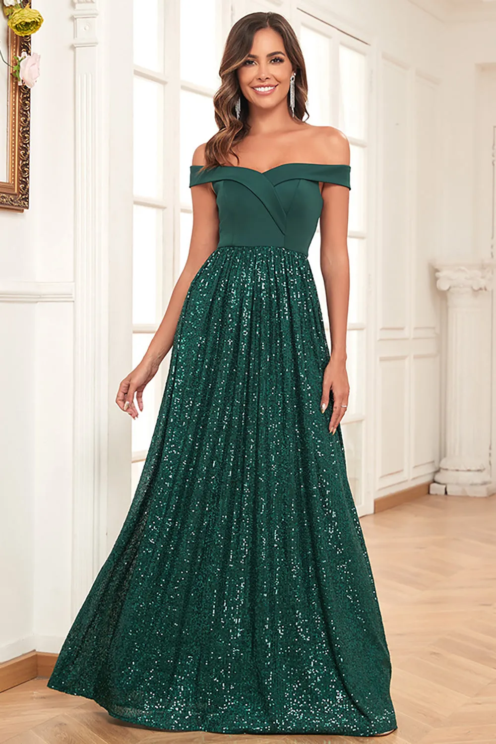 Dark Green A-Line Off The Shoulder Sequins Long Prom Dress sold by Zapaka