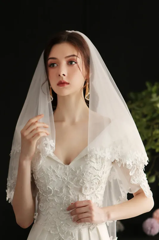 Elegant White Floral Lace Bridal Veil sold by Zapaka