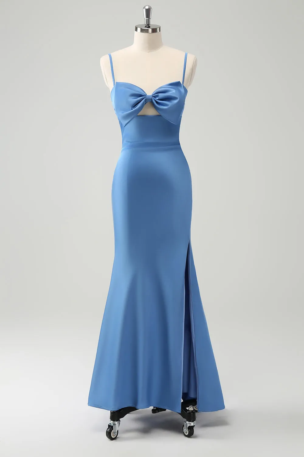 Blue Mermaid Spaghetti Straps Bridesmaid Dress with Bowknot sold by Zapaka