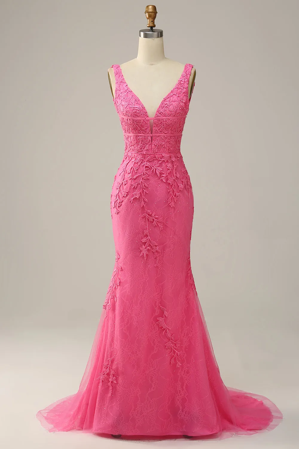 Mermaid Deep V Neck Hot Pink Long Prom Dress with Open Back sold by Zapaka