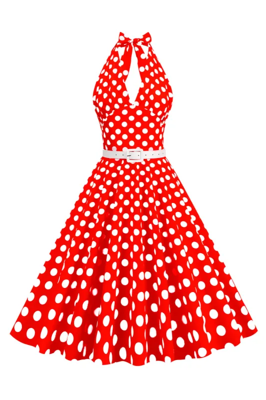 Hepburn Style Halter Neck Polka Dots Red 1950s Dress sold by Zapaka