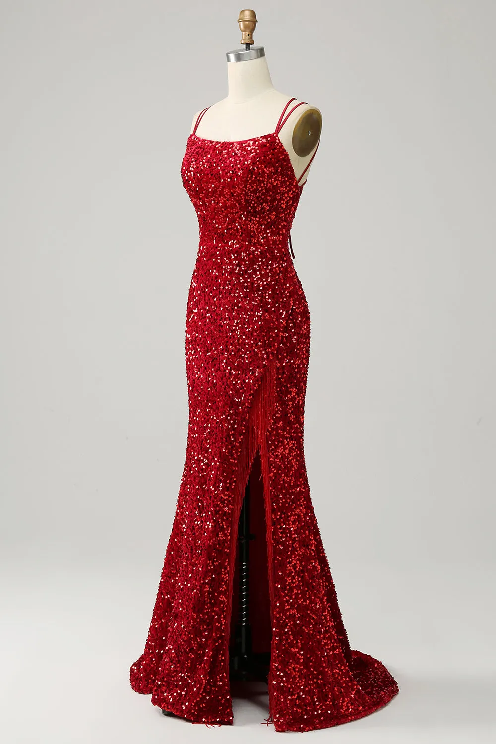Red Sparkly Mermaid Backless Long Prom Dress with Fringes sold by Zapaka product image thumbnail 4