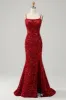 Red Sparkly Mermaid Backless Long Prom Dress with Fringes sold by Zapaka