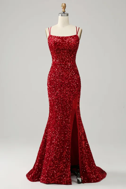 Red Sparkly Mermaid Backless Long Prom Dress with Fringes sold by Zapaka