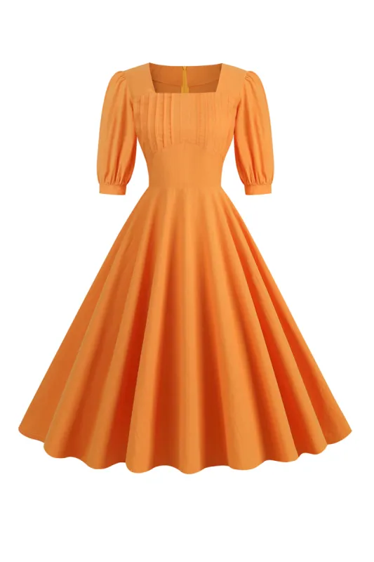Orange Half Sleeves Square Neck 1950s Dress sold by Zapaka