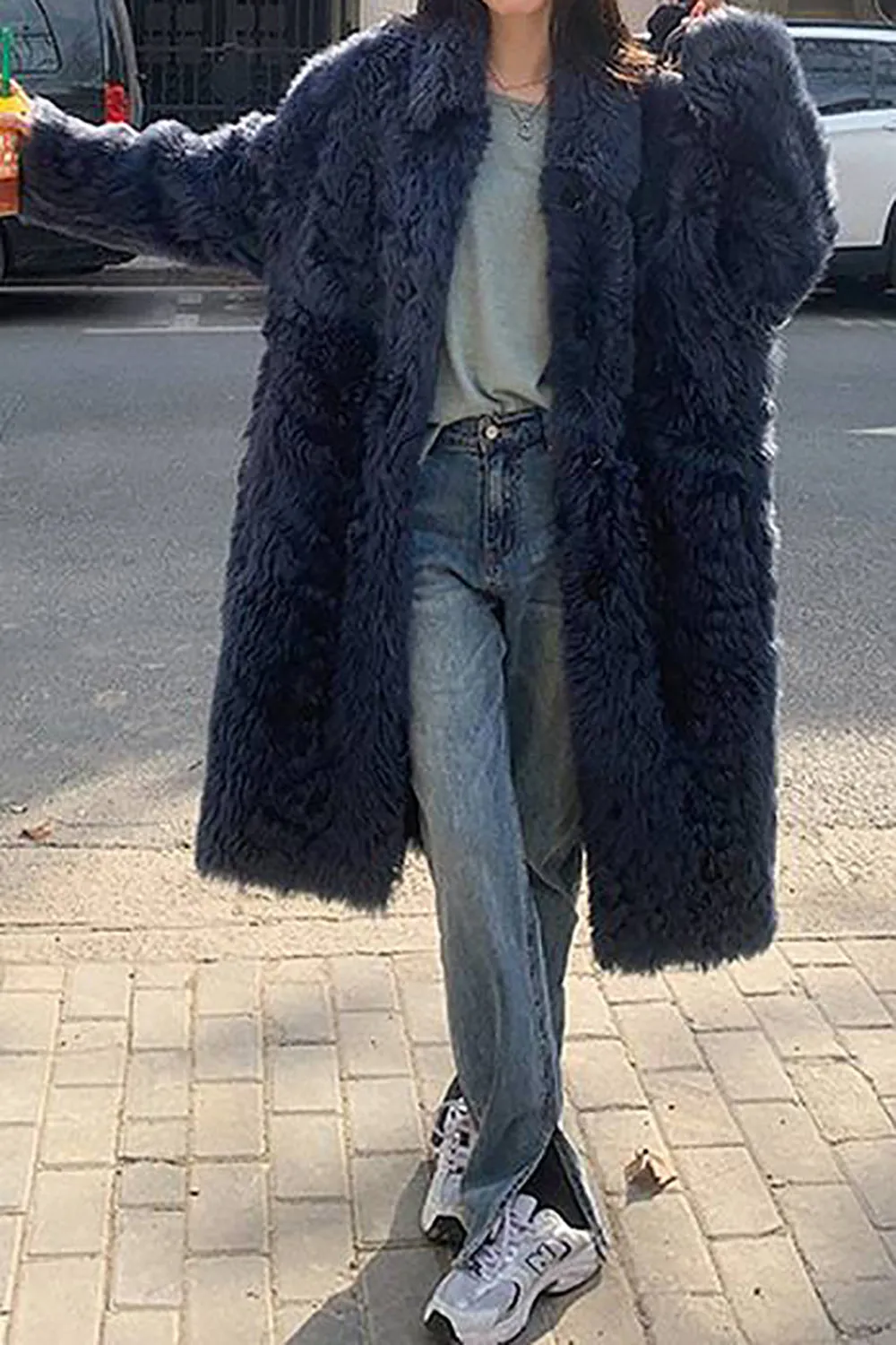 Casual Single Breasted Long Overcoat Faux Fur Lapel Collar Coat sold by Zapaka product image thumbnail 4