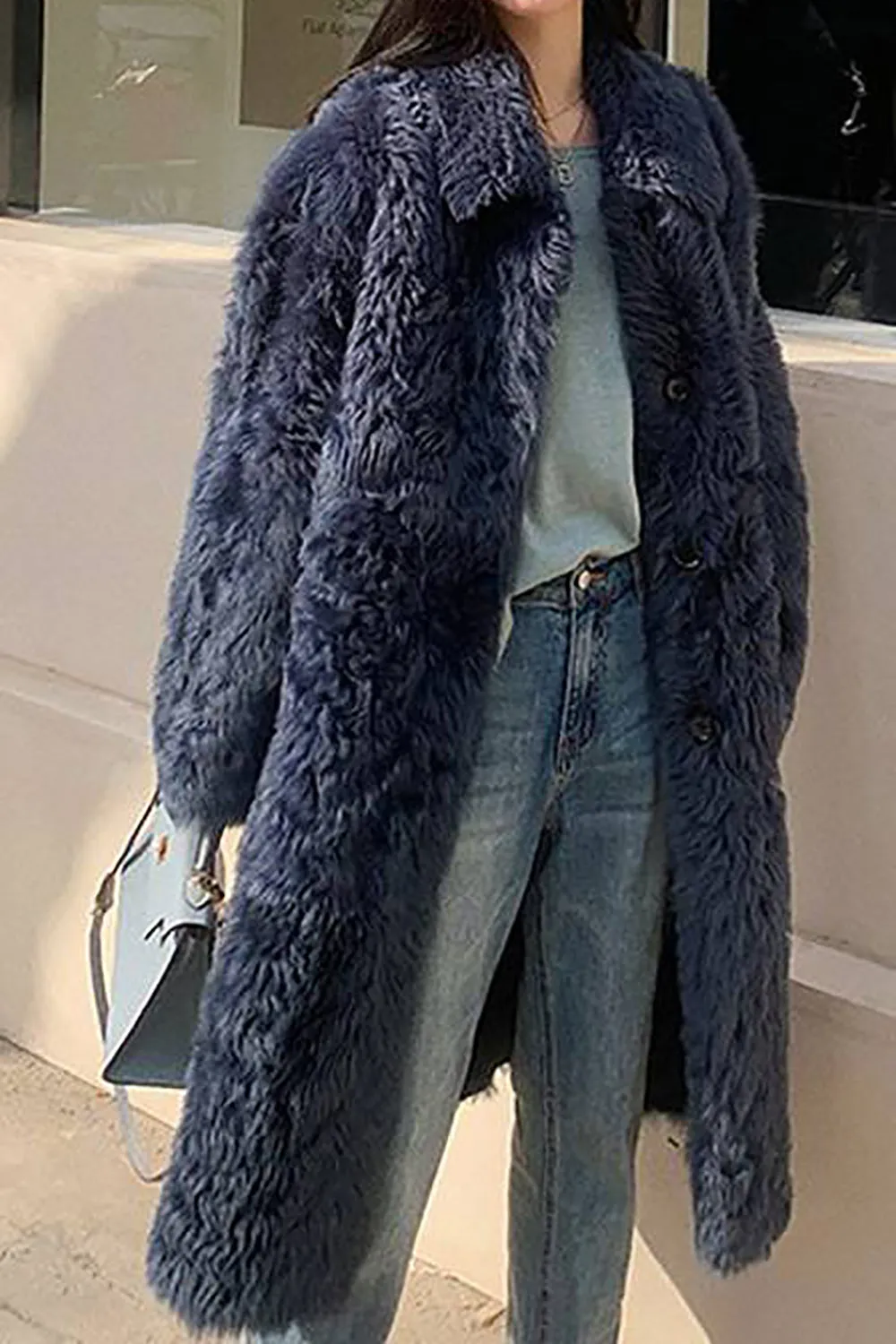 Casual Single Breasted Long Overcoat Faux Fur Lapel Collar Coat sold by Zapaka