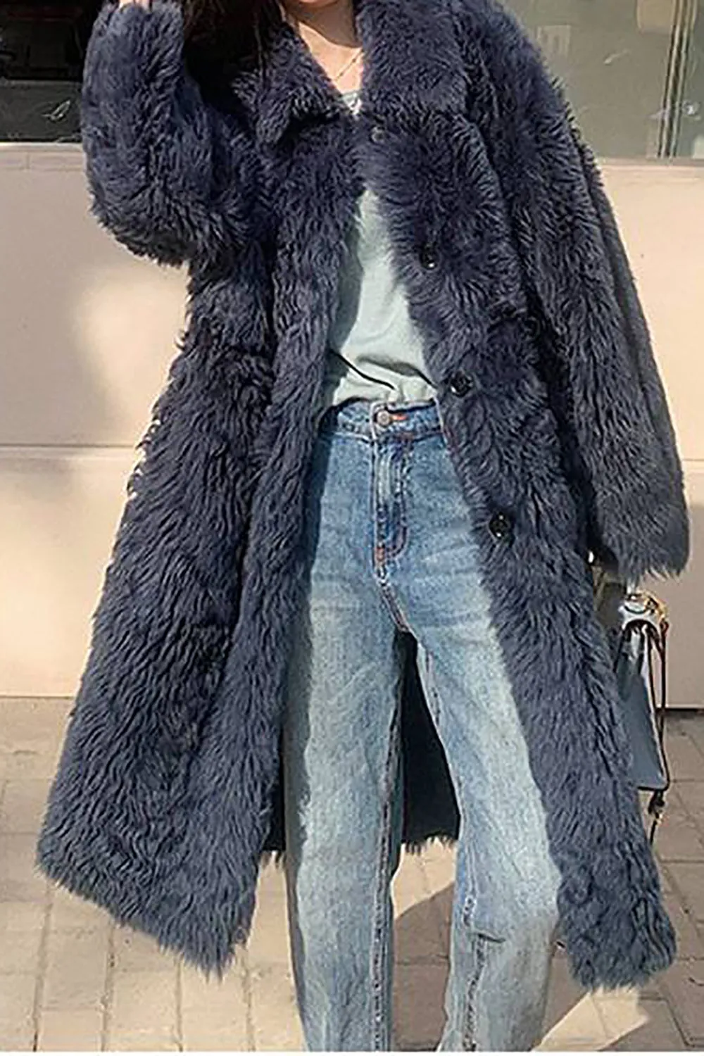 Casual Single Breasted Long Overcoat Faux Fur Lapel Collar Coat sold by Zapaka product image thumbnail 2
