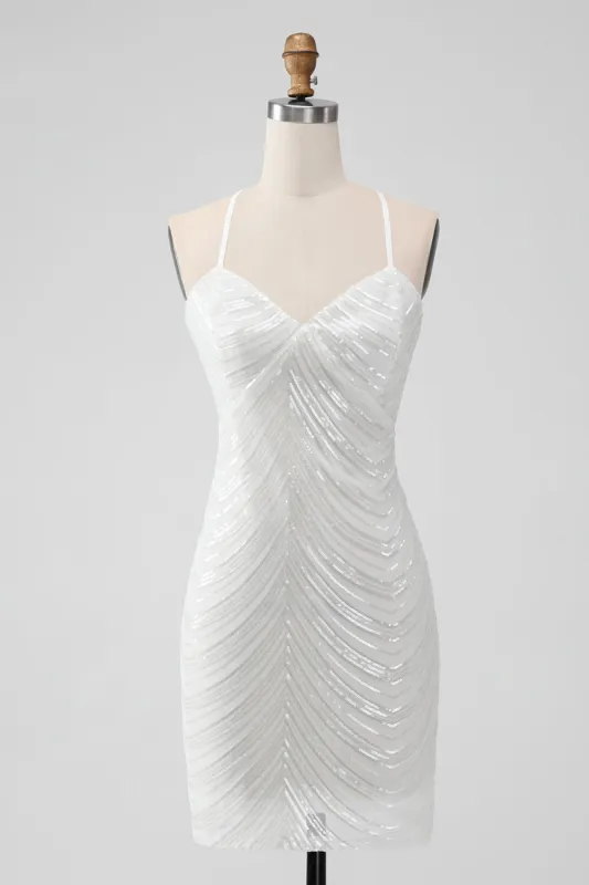 White Sequins Bodycon Short Homecoming Dress with Criss Cross Back sold by Zapaka