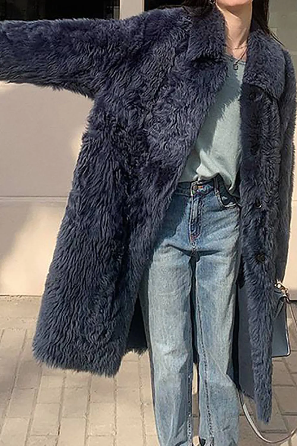 Casual Single Breasted Long Overcoat Faux Fur Lapel Collar Coat sold by Zapaka product image thumbnail 3