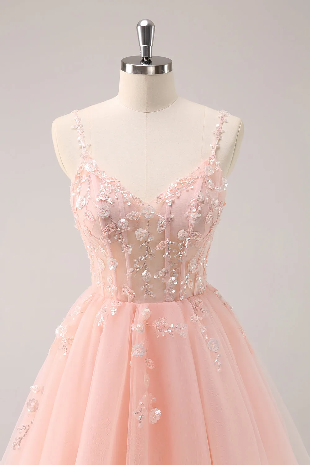 A Line Blush Spaghetti Straps Tulle Corset Sequins Homecoming Dress with Appliques sold by Zapaka product image thumbnail 4