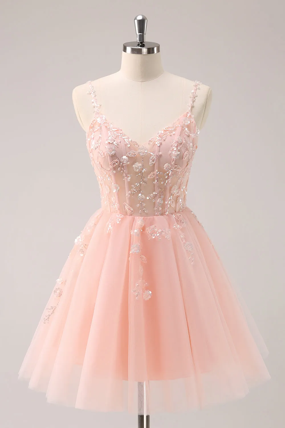 A Line Blush Spaghetti Straps Tulle Corset Sequins Homecoming Dress with Appliques sold by Zapaka
