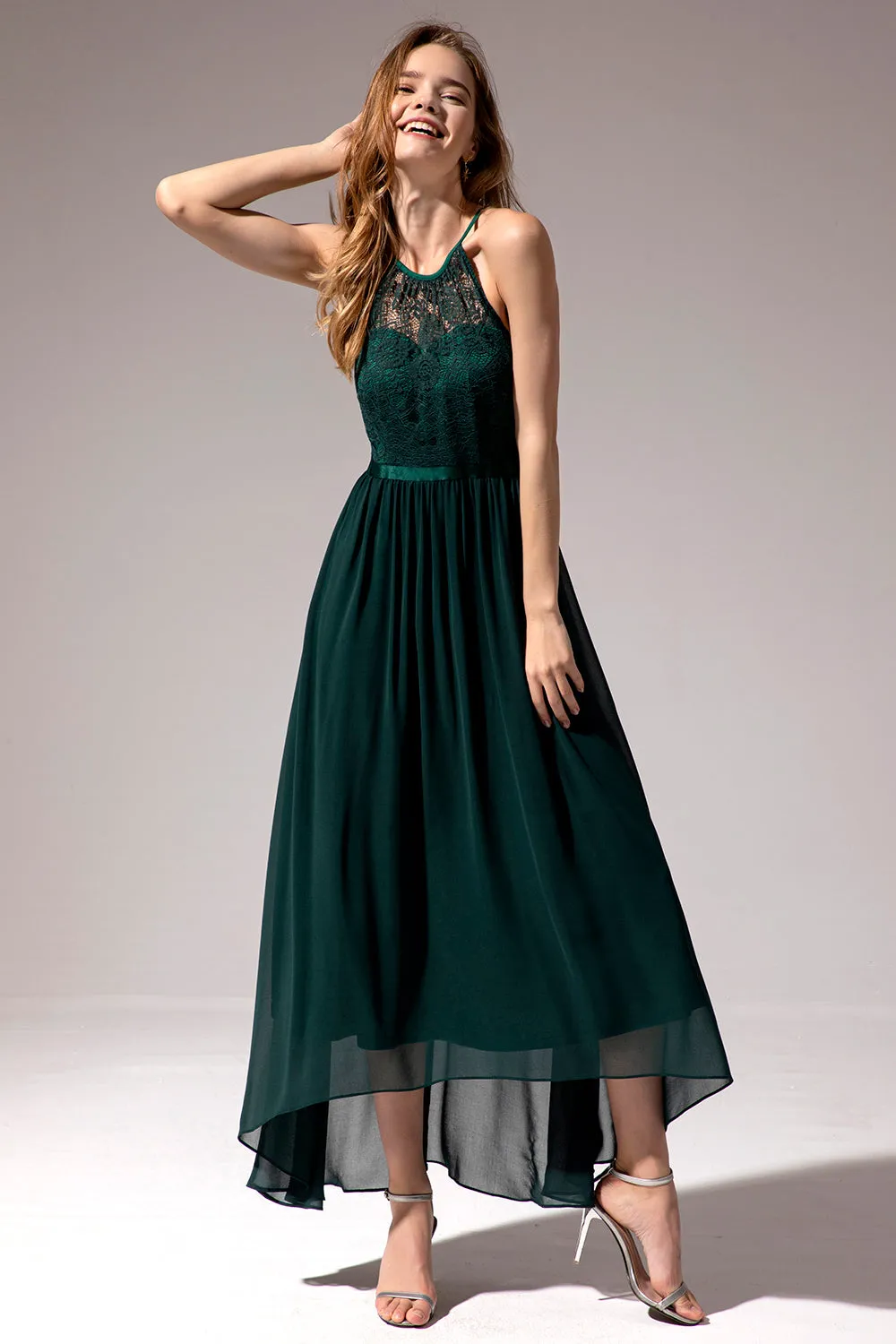Dark Green Chiffon Lace Bridesmaid Dress sold by Zapaka