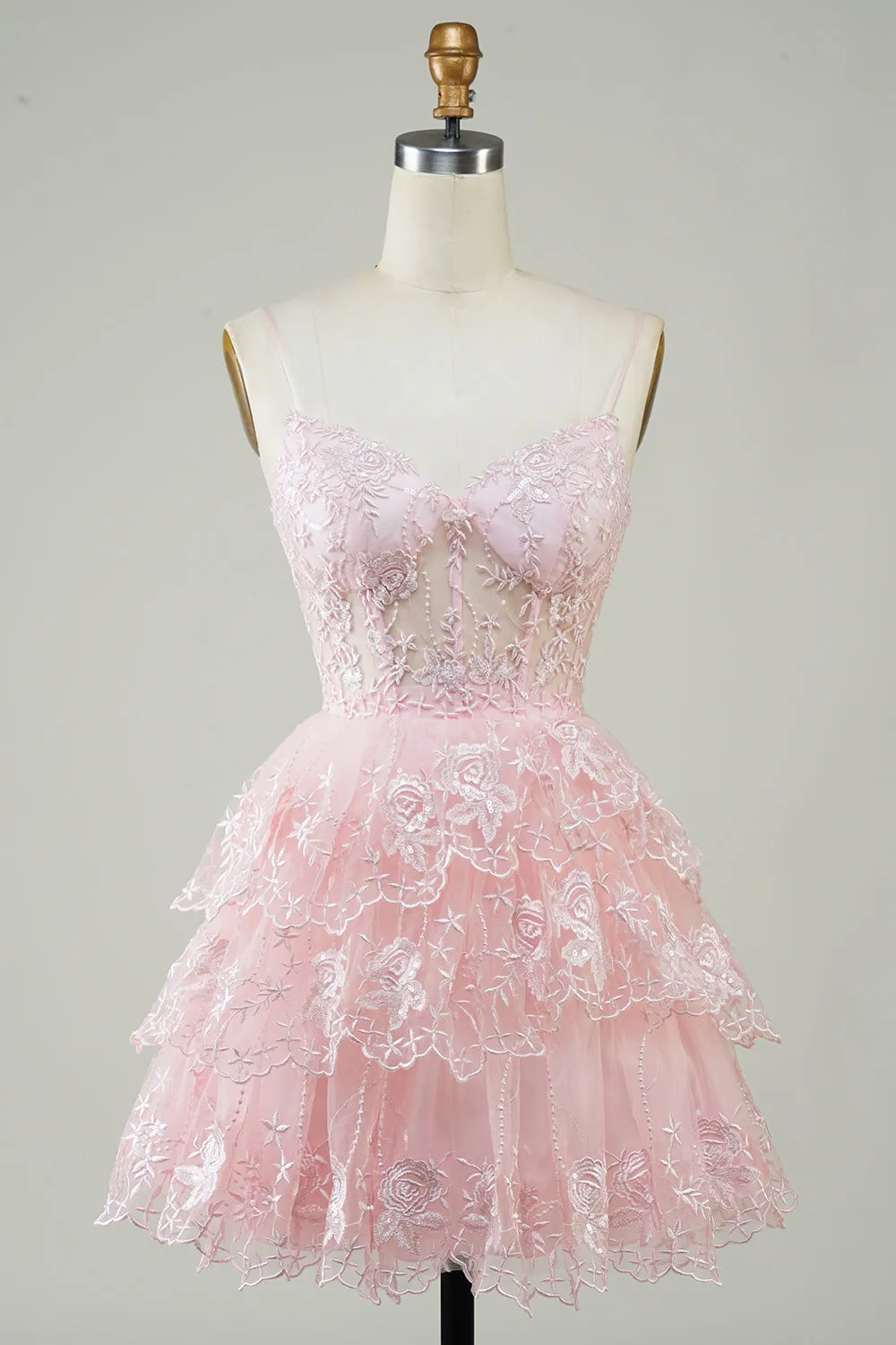 Gorgeous A Line Spaghetti Straps Pink Sparkly Corset Homecoming Dress sold by Zapaka