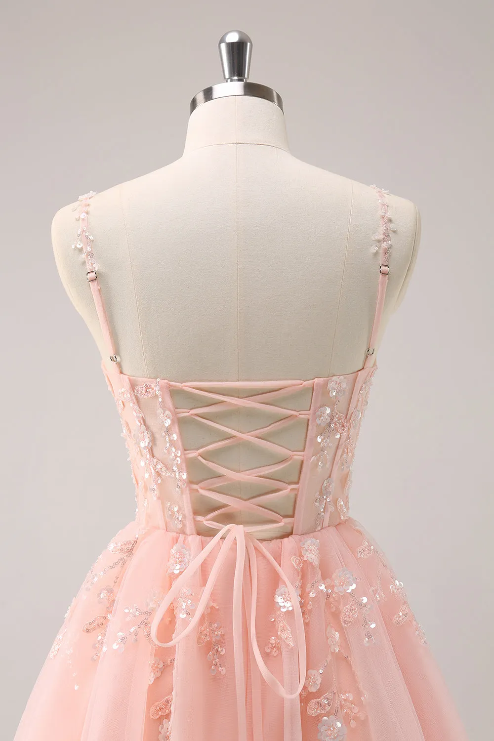 A Line Blush Spaghetti Straps Tulle Corset Sequins Homecoming Dress with Appliques sold by Zapaka product image thumbnail 5
