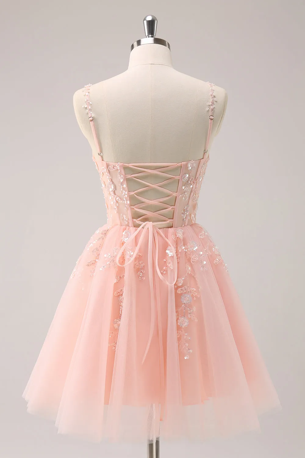 A Line Blush Spaghetti Straps Tulle Corset Sequins Homecoming Dress with Appliques sold by Zapaka product image thumbnail 2