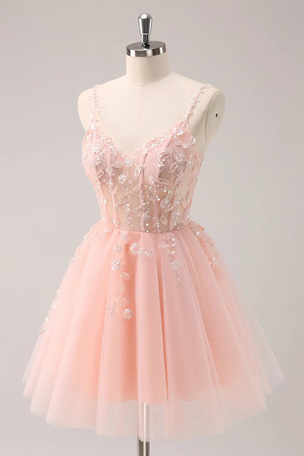 A Line Blush Spaghetti Straps Tulle Corset Sequins Homecoming Dress with Appliques sold by Zapaka product image thumbnail 3