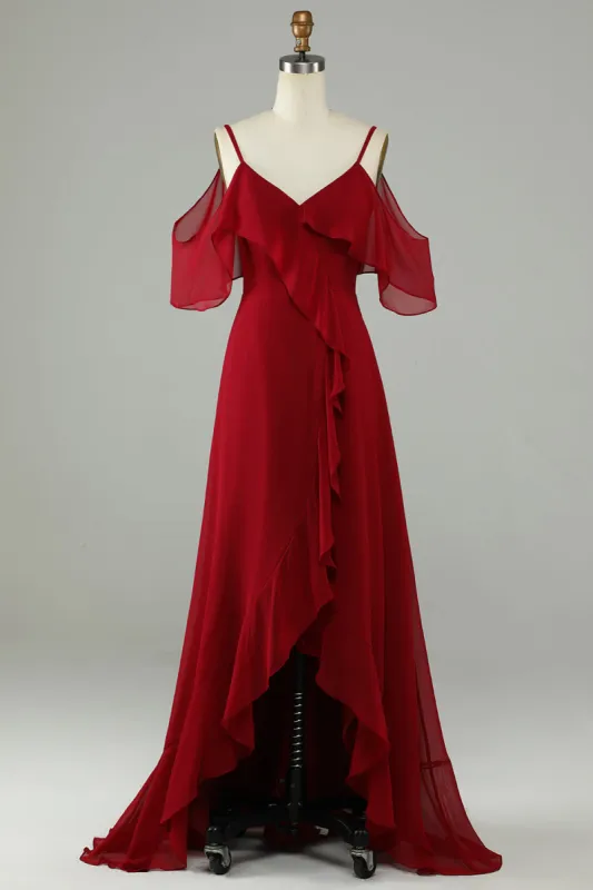 Asymmetrical Cold Shoudler Burgundy Long Bridesmaid Dress with Ruffles sold by Zapaka