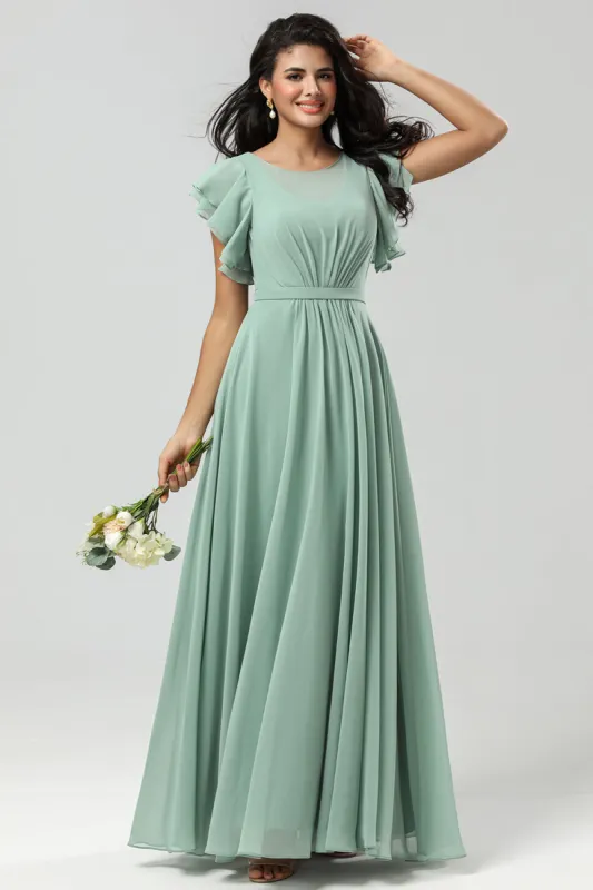 Chiffon A Line Green Bridesmaid Dress with Pleated sold by Zapaka