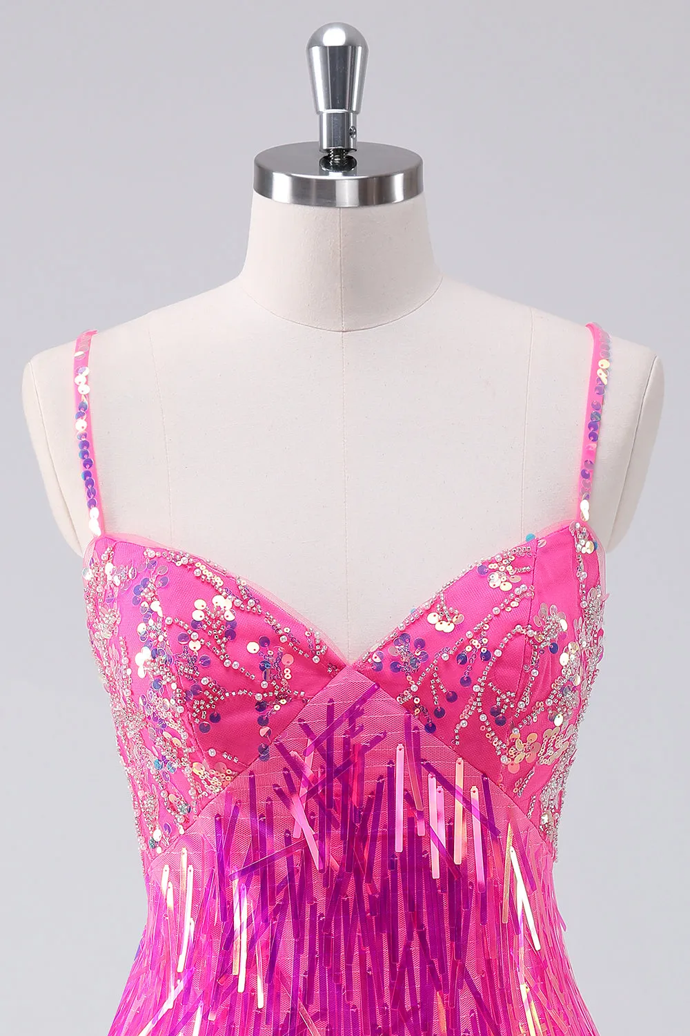 Sparkly Hot Pink A Line Spaghetti Straps Fringe Sequins Homecoming Dress sold by Zapaka product image thumbnail 4