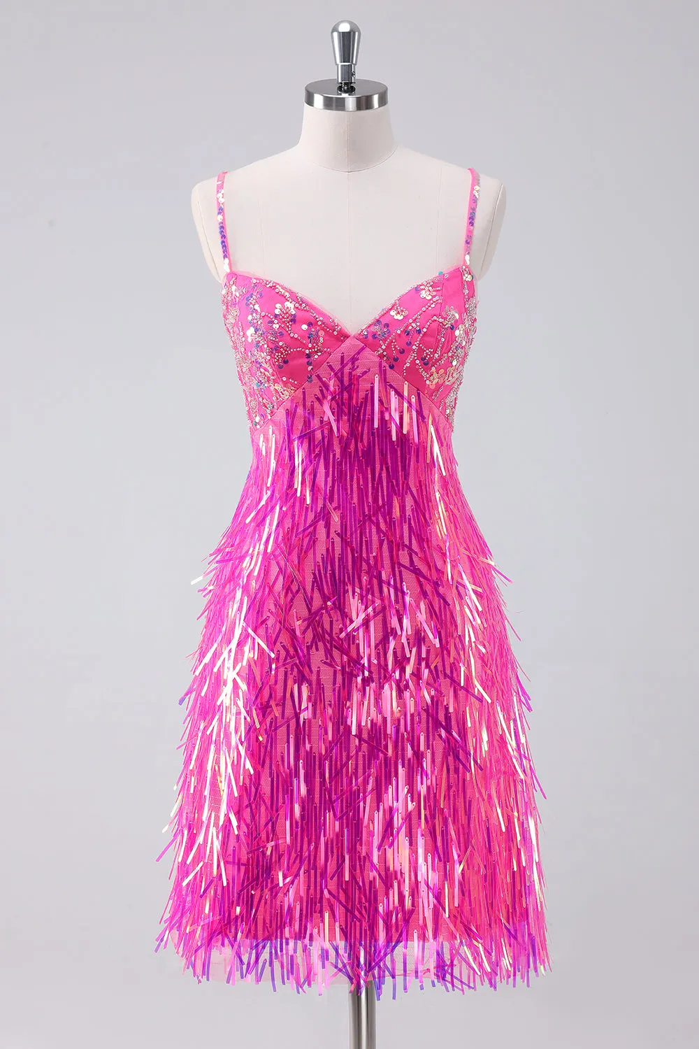 Sparkly Hot Pink A Line Spaghetti Straps Fringe Sequins Homecoming Dress sold by Zapaka