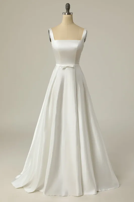 Simple A Line Square Neck White Long Wedding Dress sold by Zapaka
