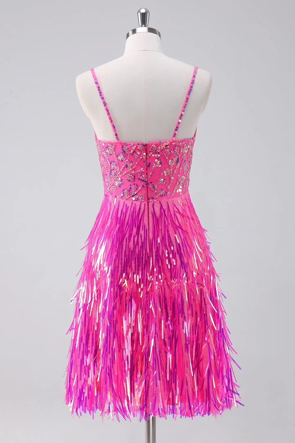 Sparkly Hot Pink A Line Spaghetti Straps Fringe Sequins Homecoming Dress sold by Zapaka product image thumbnail 2