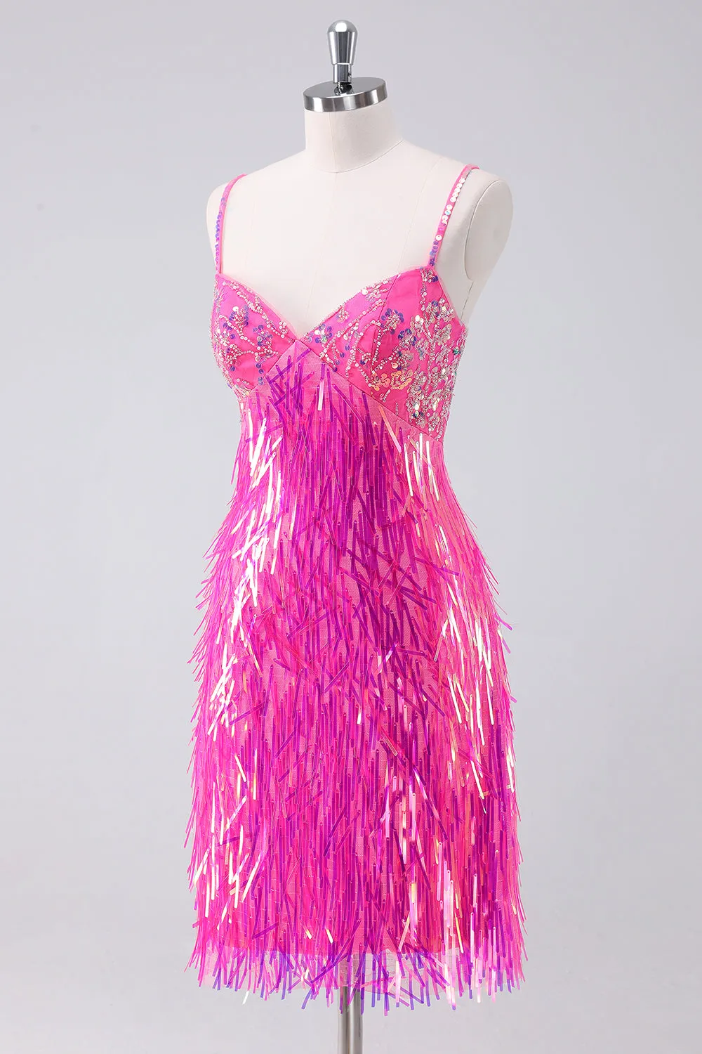 Sparkly Hot Pink A Line Spaghetti Straps Fringe Sequins Homecoming Dress sold by Zapaka product image thumbnail 3