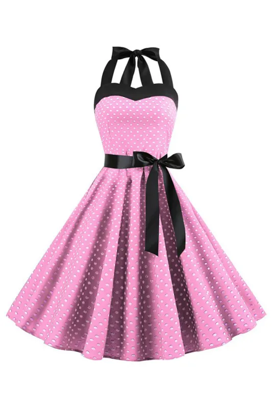 Pink Polka Dots Halter 1950s Dress With Bowknot sold by Zapaka