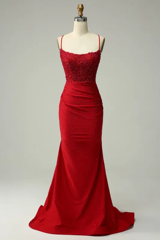 Mermaid Halter Dark Red Prom Dress with Appliques sold by Zapaka