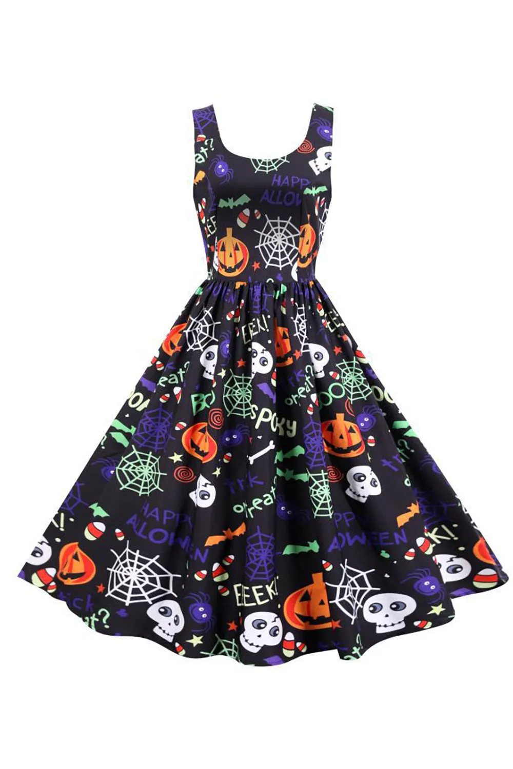 Sleeveless Printed Waisted Halloween Retro Dress sold by Zapaka