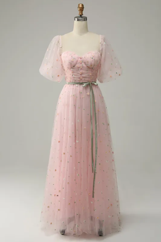 A Line Sweetheart Blush Long Prom Dress with Embroidery sold by Zapaka