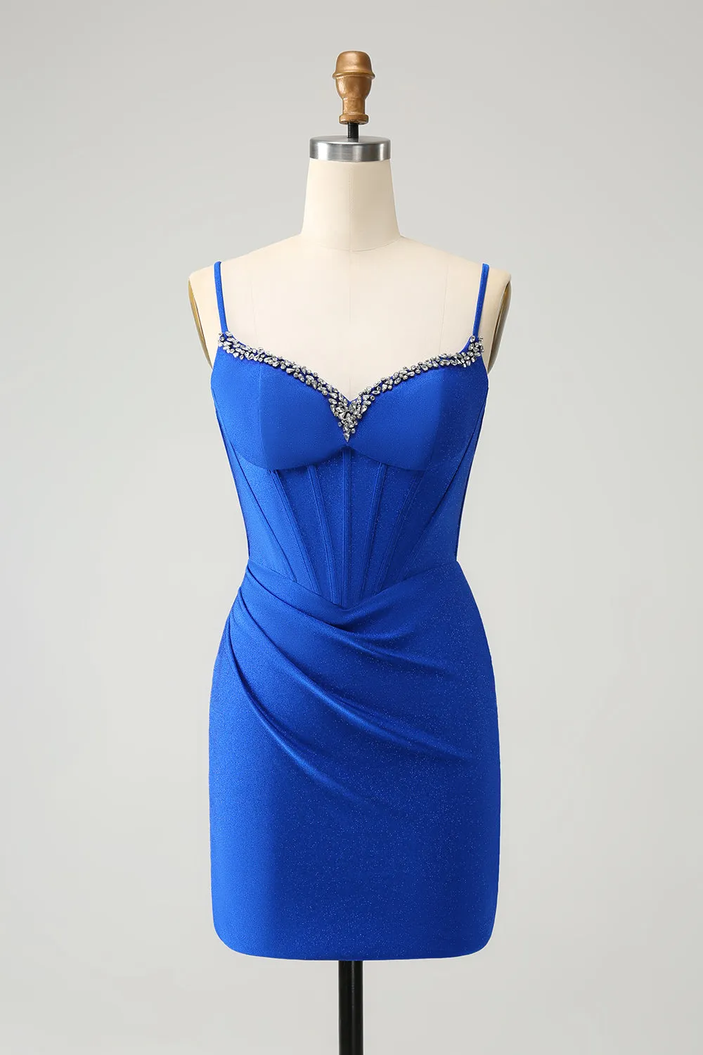 Sparkly Royal Blue Tight Corset Spaghetti Straps Homecoming Dress sold by Zapaka