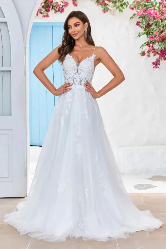 Ivory Criss-Cross Straps Back A-Line Tulle Wedding Dress sold by Zapaka