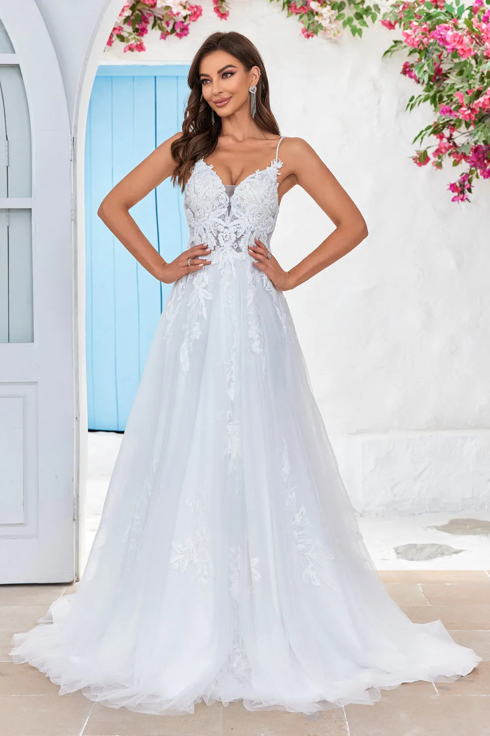 Ivory Criss-Cross Straps Back A-Line Tulle Wedding Dress sold by Zapaka