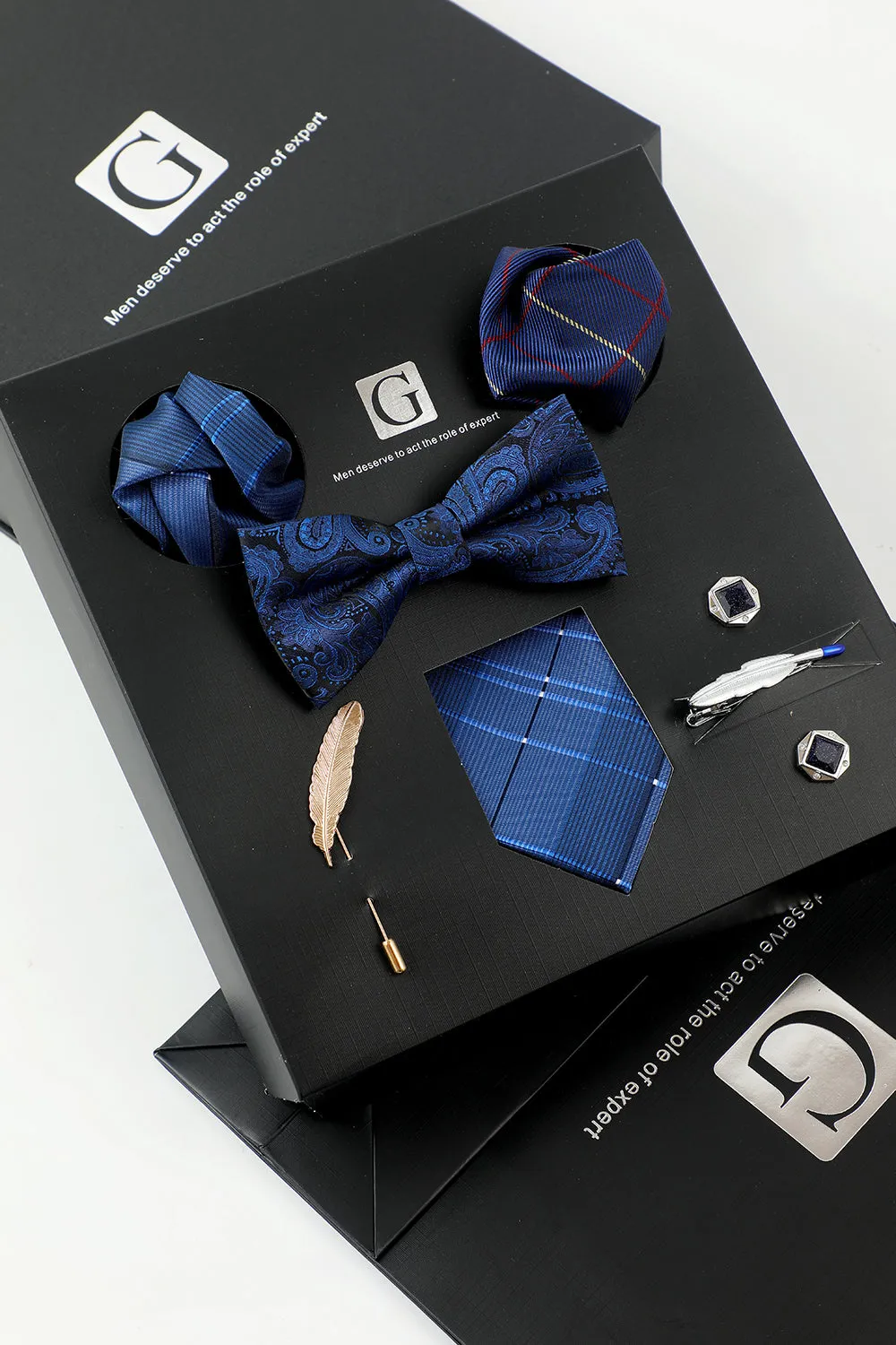 Royal Blue Men's Accessory Set Tie and Jacquard Bow Tie Two Pocket Square Lapel Pin Tie Clip Cufflinks sold by Zapaka