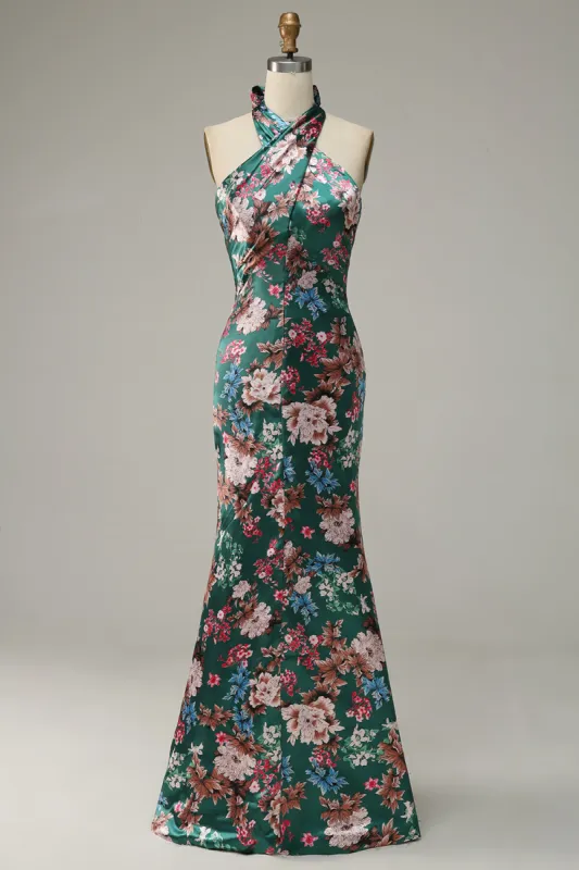 Flower Print Halter Satin Prom Dress made by Zapaka