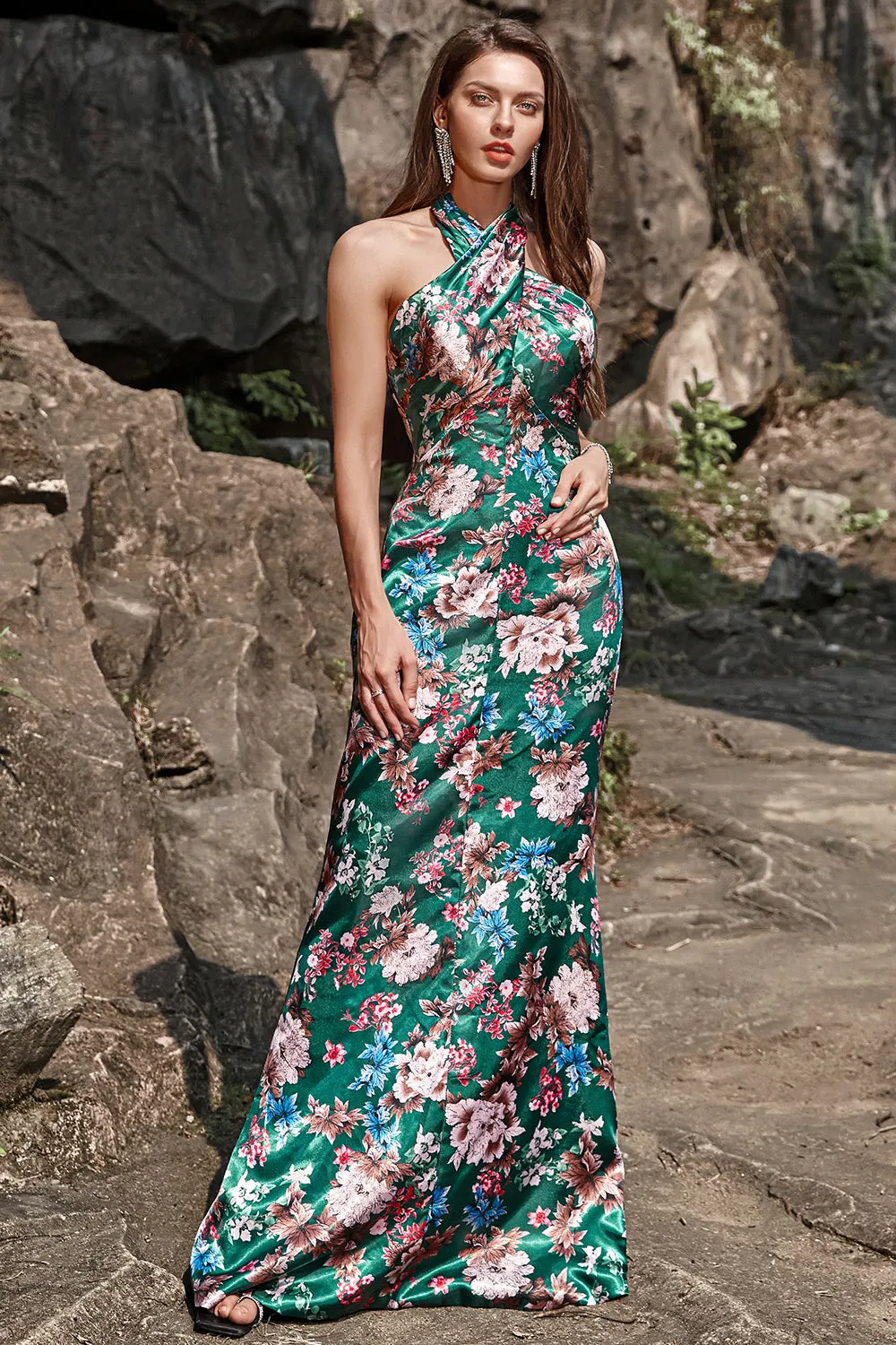 Flower Print Halter Satin Prom Dress sold by Zapaka product image thumbnail 3
