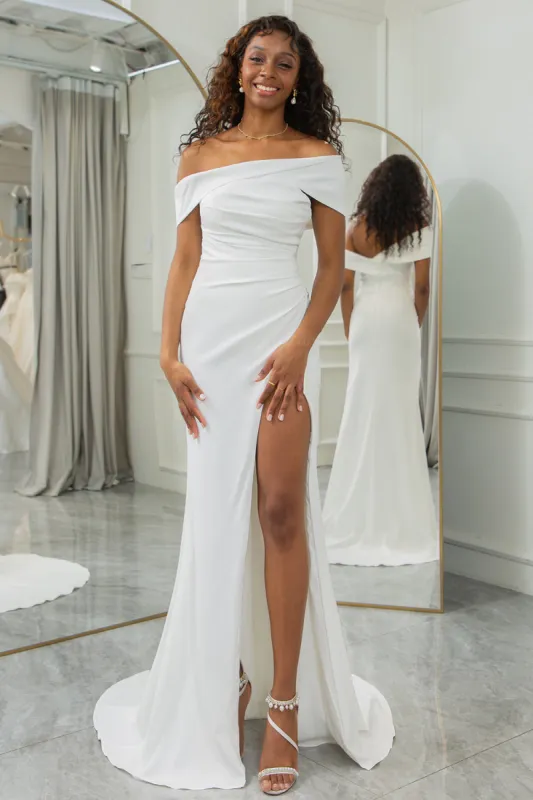 Simple Ivory One Shoulder Draped Wedding Dress with Slit sold by Zapaka