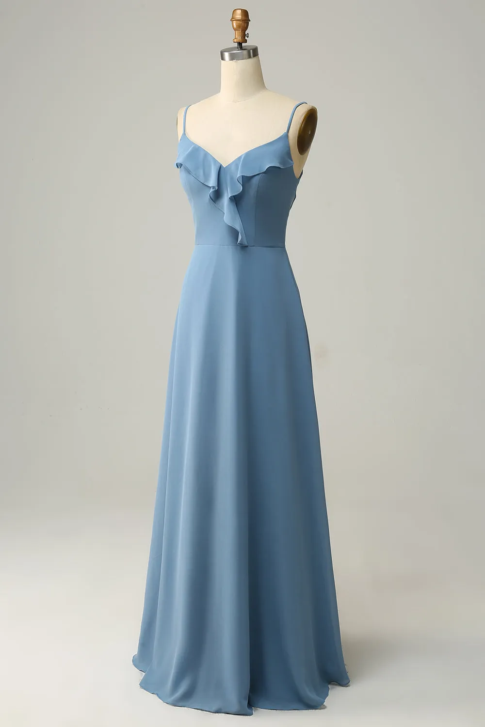 A Line Spaghetti Straps Grey Blue Long Bridesmaid Dress with Ruffles sold by Zapaka product image thumbnail 3