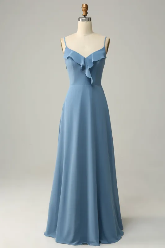 A Line Spaghetti Straps Grey Blue Long Bridesmaid Dress with Ruffles sold by Zapaka