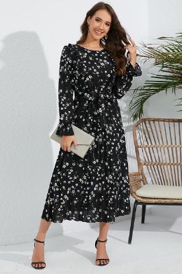 Long Sleeves Printed Black Casual Dress sold by Zapaka