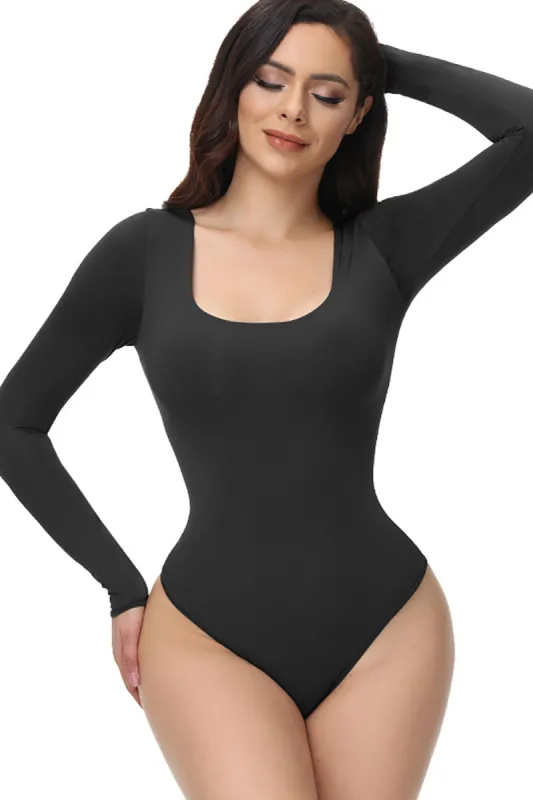 Black Long Sleeves Scoop Neck Tummy Control Shapewear sold by Zapaka