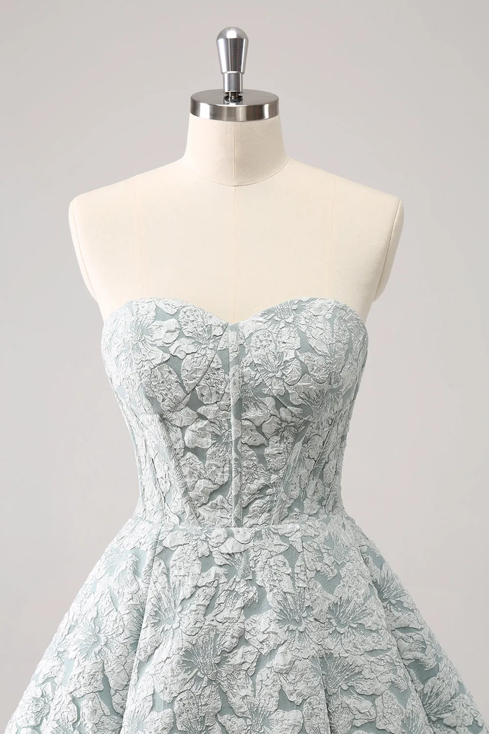 Grey Green Sweetheart A-Line Brocade Corset Floral Mini Homecoming Dress sold by Zapaka product image thumbnail 4